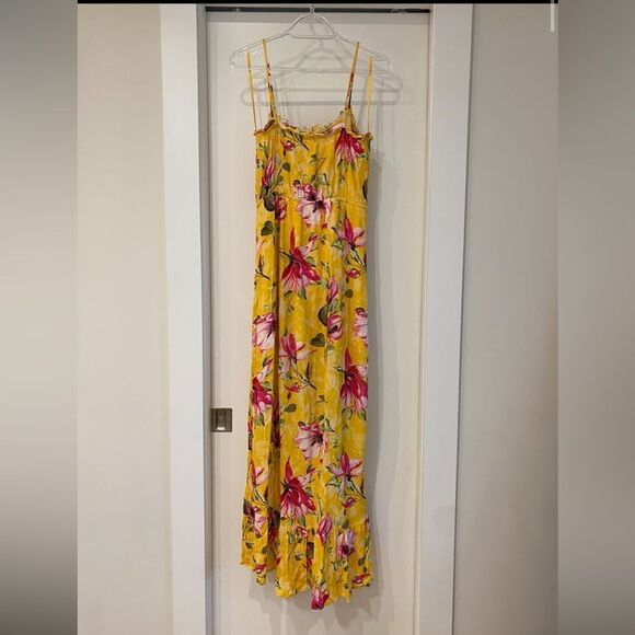 FLORAL Yellow Maxi Dress high low ruffle empire waist small - Picture 5 of 5